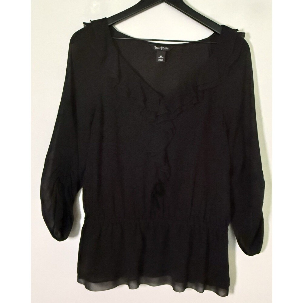 WHBM 100% Silk Peplum Blouse Sz M Black Ruffle Front Boho Peasant